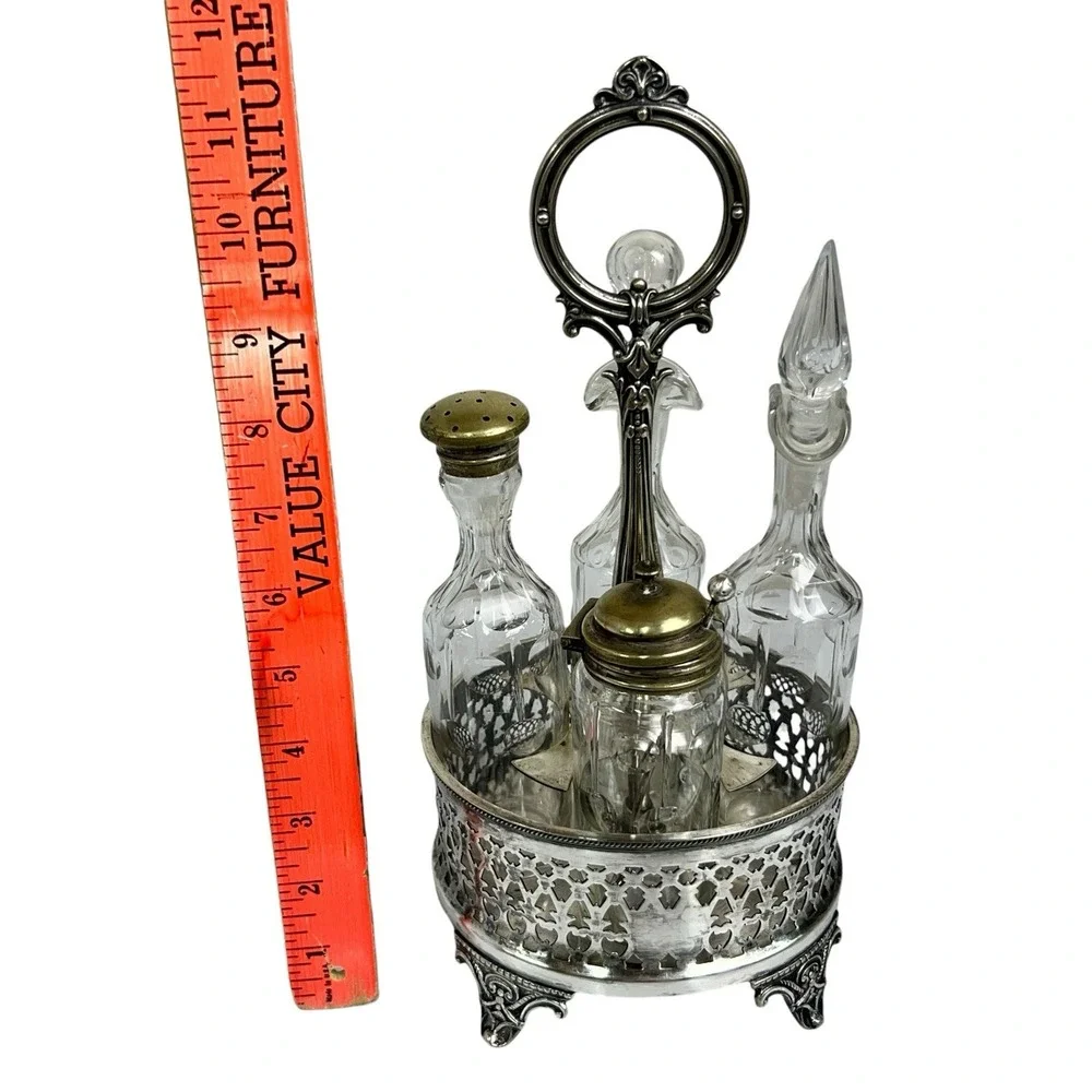 Victorian Cruet Set Silverplate Oil Vinegar‎ Mustard w Spoon Antique 1800's